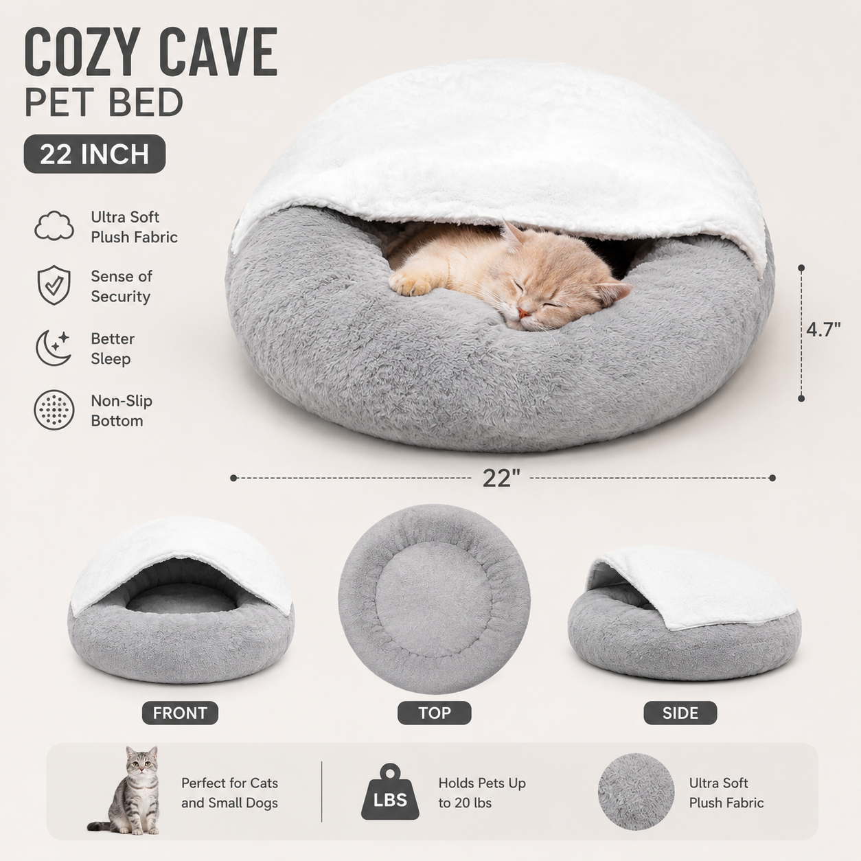 Hooded Cozy Cave Pet Bed (22")